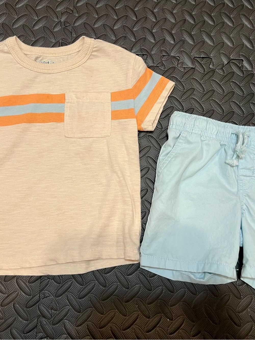 Cat & Jack Cream Tee with Orange & Light Blue Stripes + Light Blue Shorts